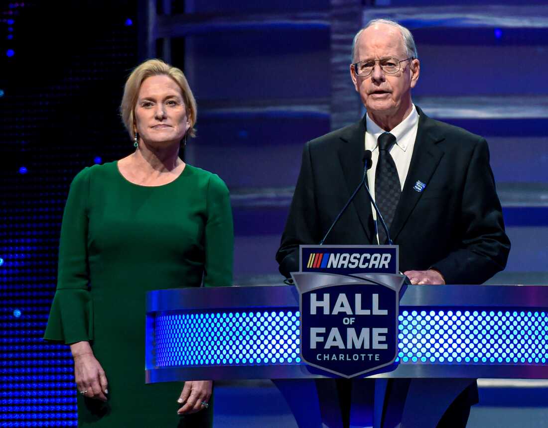 CEO and Chairman of NASCAR Jim France, right, along with the Executive Vice President of NASCAR Lesa Kennedy announce the Landmark Award to Edsel Ford II the Hall of Fame induction ceremony in Charlotte, N.C. Jan. 31, 2020.