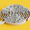 Illustration showing an intricate maze formed in the shape of a white speech bubble on a yellow background. The speech bubble maze symbolizes getting to the source of and combatting misinformation with loved ones.