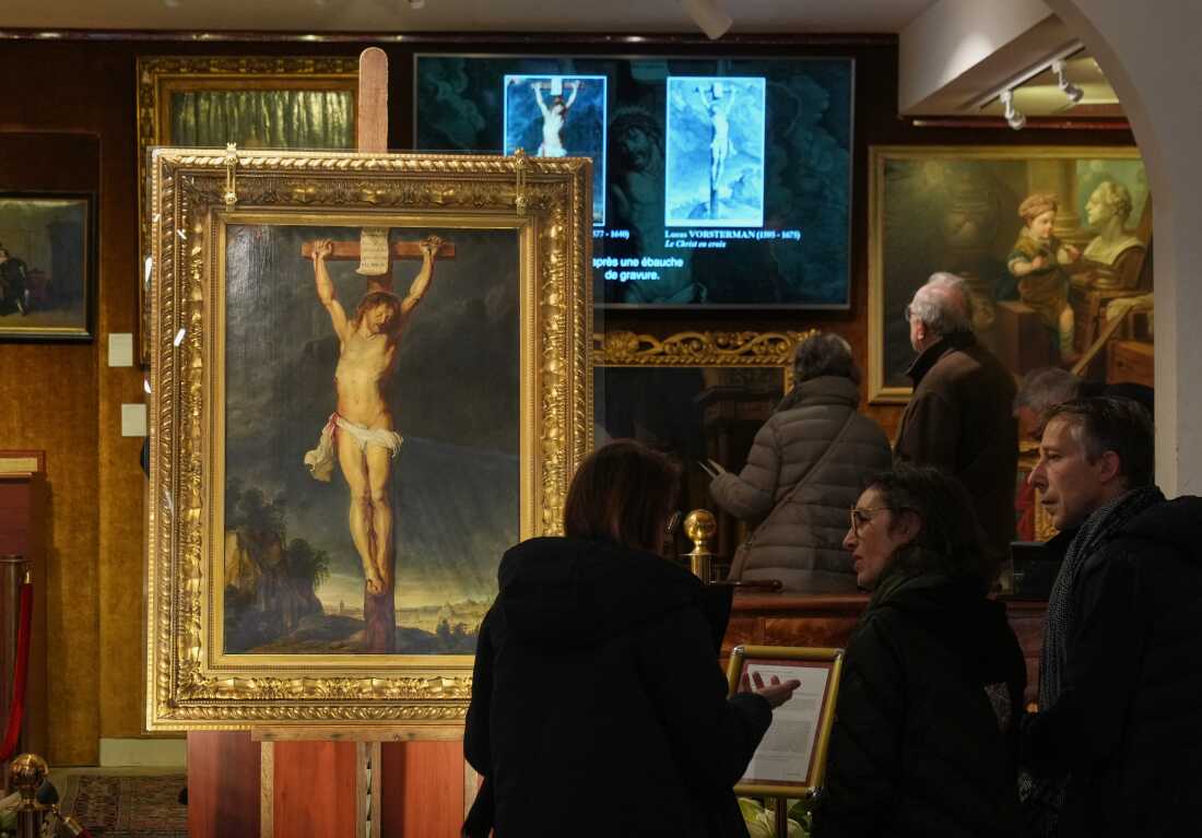 Long-lost painting "Christ on the Cross" by Baroque master Peter Paul Rubens, which was hidden for more than four centuries, is displayed at the auction house Osenat in Versailles, west of Paris, Nov. 30, 2025.