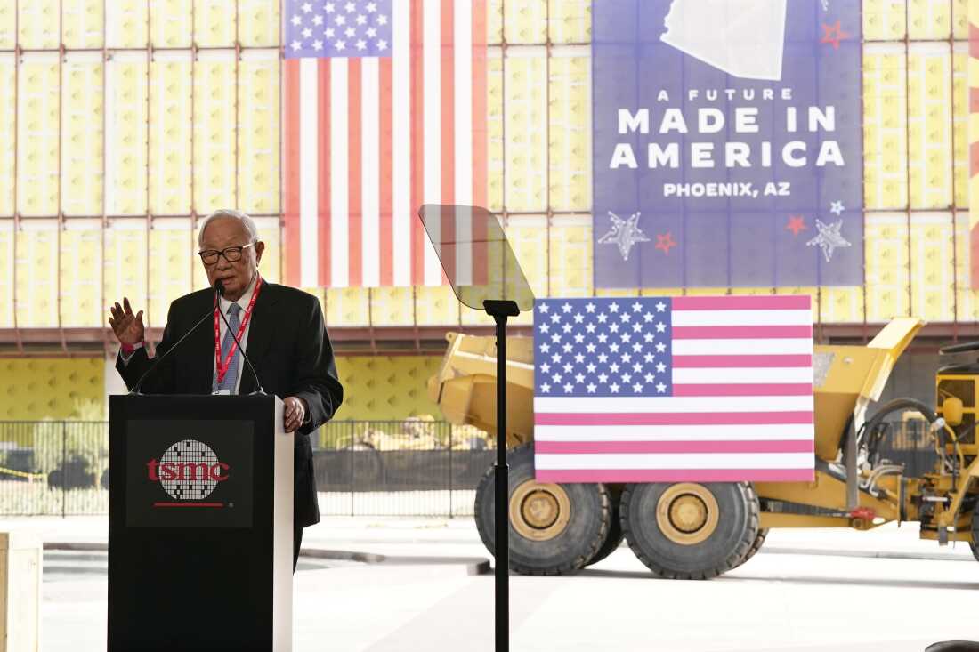 FILE - Taiwan Semiconductor Manufacturing Company founder Morris Chang speaks at the new facility in Phoenix, Dec. 6, 2022. In early April 2024, Taiwan's TSMC, the world's biggest computer chip maker, announced it would expand its U.S. investments to $65 billion after the Biden administration pledged up to $6.6 billion in incentives that would put Arizona on track to produce about one fifth of the world’s most advanced chips by 2030.