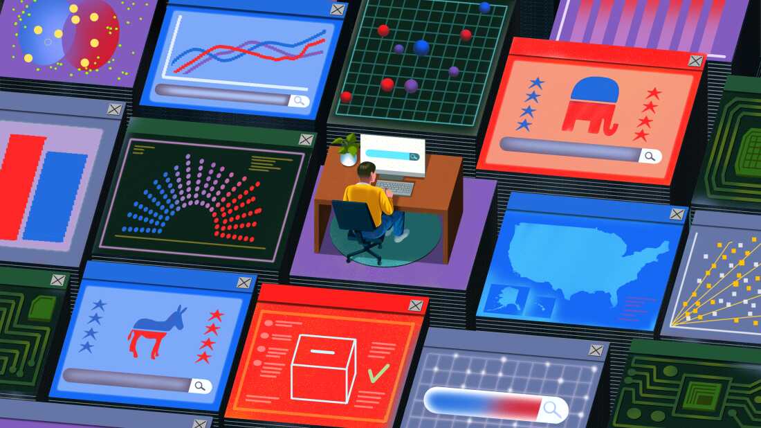 An illustration of a man sitting at a computer searching online surrounded by browser windows representing political data.