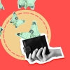 A collage shows a black-and-white photo of a hand holding a wallet against a light yellow circle on a red background. Origami butterflies made out of 100-dollar bills fly out of the wallet, demonstrating the concept of how marketing tactics can entice people to spend money too easily.