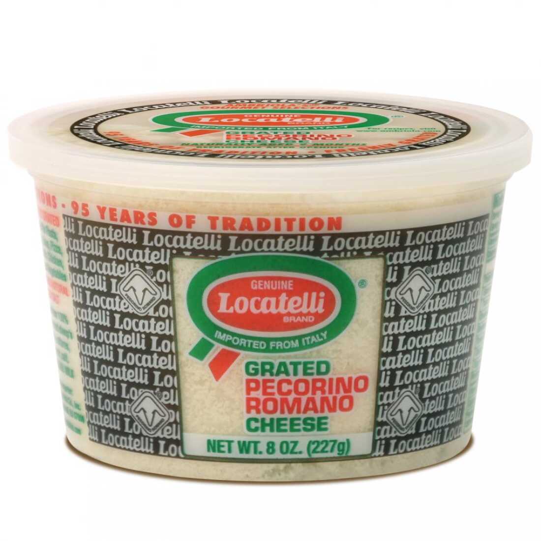 A plastic container of Locatelli-brand Pecorino Romano. Thinly grated, white cheese can be seen through the transparent parts of the container.