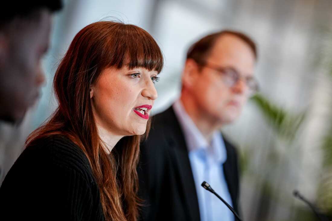 24 November 2025, Berlin: Heidi Reichinnek, parliamentary group leader of the Left Party, and Sören Pellmann (r), parliamentary group leader of the Left Party, give a press conference before their party's parliamentary group meeting on the upcoming budget week alongside Suraj Mailitafi from the "Resist" action alliance. Photo: Kay Nietfeld/dpa (Photo by Kay Nietfeld/picture alliance via Getty Images)
