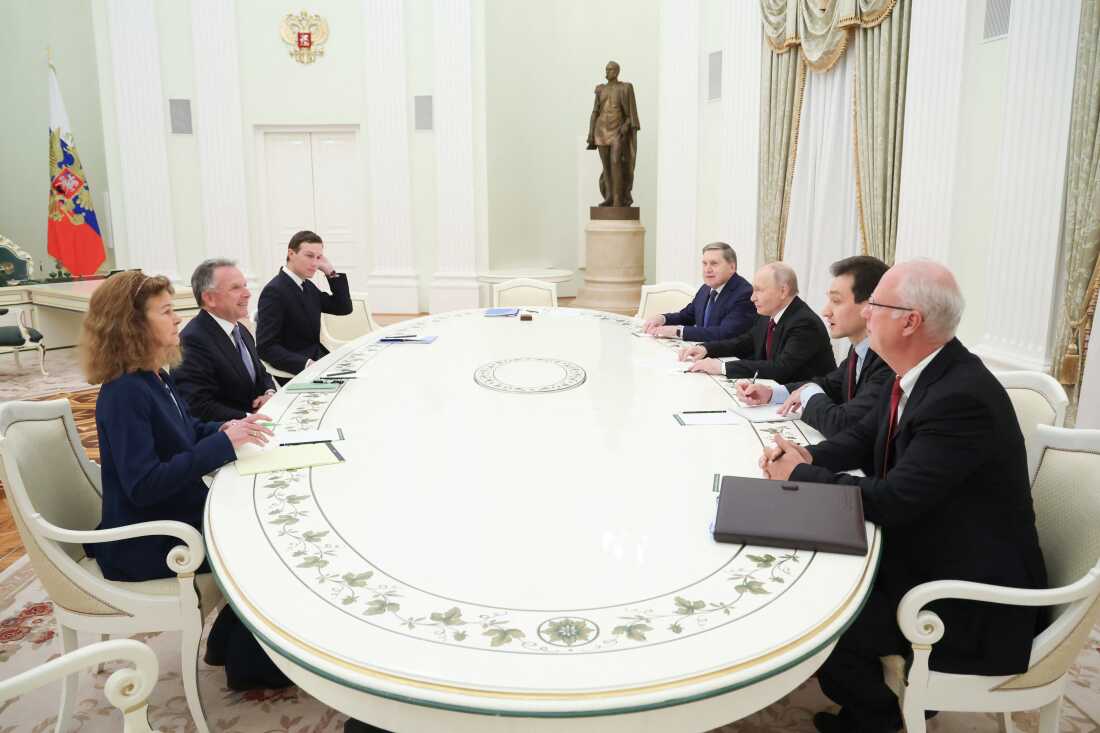 In this pool photograph distributed by the Russian state agency Sputnik, Russian President Vladimir Putin, accompanied by Kremlin economic envoy Kirill Dmitriev and Kremlin aide Yuri Ushakov, meets with U.S. special envoy Steve Witkoff and President Trump's son-in-law Jared Kushner at the Kremlin in Moscow on Dec. 2.