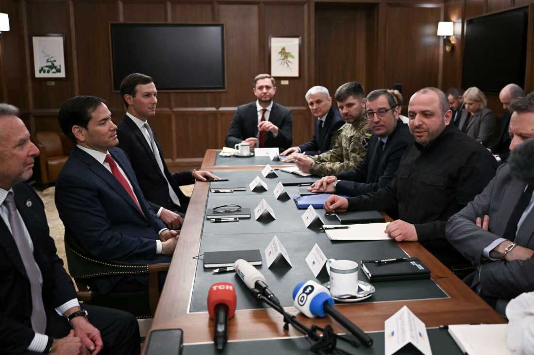 White House special envoy Steve Witkoff, Secretary of State Marco Rubio and President Trump's son-in-law Jared Kushner listen as Secretary of the National Security and Defense Council of Ukraine Rustem Umerov (right) speaks while leading Ukrainian delegation during a meeting in Hallandale Beach, Fla., on Nov. 30.