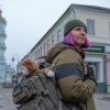 Combat medic Olena Ivanenko, 44, takes a break from the frontline in the northern city of Sumy earlier this year.