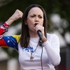 Opposition leader Maria Corina Machado gives a speech during an Anti-government protest on Jan. 9, 2025 in Caracas, Venezuela.