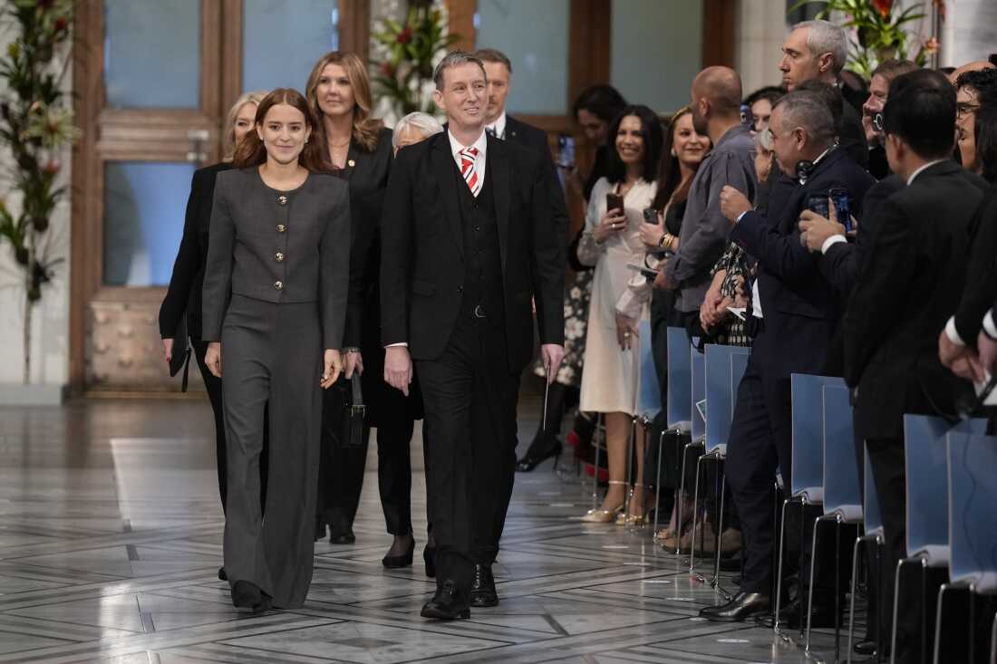 The daughter of the Nobel Peace Prize laureate, Ana Corina Sosa, who will accept the award on behalf of her mother, Venezuelan opposition leader Maria Corina Machado, arrives for the Nobel Peace Prize award ceremony, in Oslo, Norway, Wednesday Dec. 10, 2025.