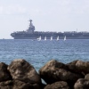 The USS Gerald R. Ford is anchored in the Bay of Palma after arriving to Spain's Palma de Mallorca on Oct. 3, 2025. The world's largest aircraft carrier is due to arrive in the northern Caribbean on Sunday as tensions with Venezuela grow.