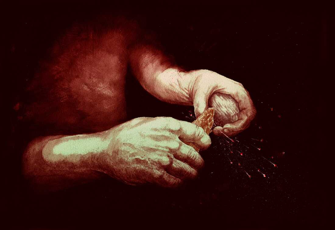 An artist's rendering of how early humans might have struck flint against pyrite to make sparks and start fires.