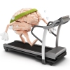 This image shows a cartoon-like pink brain with thin arms and legs walking on a treadmill. The brain is wearing a lime-green headband, and droplets of sweat drip out of the brain.