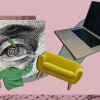 This photo collage shows an open laptop in the top-right corner of the frame and various items emanating from the laptop in a spiral: a yellow couch, a green sweater, yellow shoes, headphones, a pink sweater, a green couch and pink shoes. The items spiral into a cutout of an oversize eye from the Benjamin Franklin 100-dollar bill, all representing the trend of buy-now, pay-later online shopping.