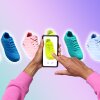 A photo collage showing a pair of outstretched arms donning pink sleeves. The person holds a phone out in front of a pair of lime-colored sneakers. The lime sneakers are in the center of a lineup of identical sneakers in varying bright colors. The image is set against a gradient background that changes from aqua to purple.