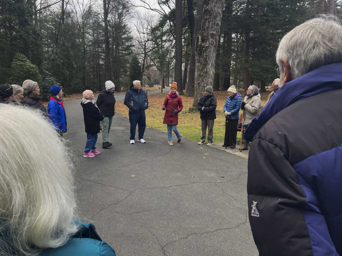 Shelly Bathe Lenn, a bereavement counselor at Cooley Dickinson Hospital, convenes her bereavement group before they start their walk. She also leads a book group and art group for people who are grieving.