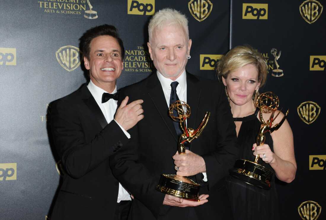 Christian Jules Le Blanc, left, poses with Anthony Geary and Maura West, right, winners of the awards for outstanding lead actor and actress in a drama series for "General Hospital", at the 42nd annual Daytime Emmy Awards at Warner Bros. Studios, April 26, 2015, in Burbank, Calif.
