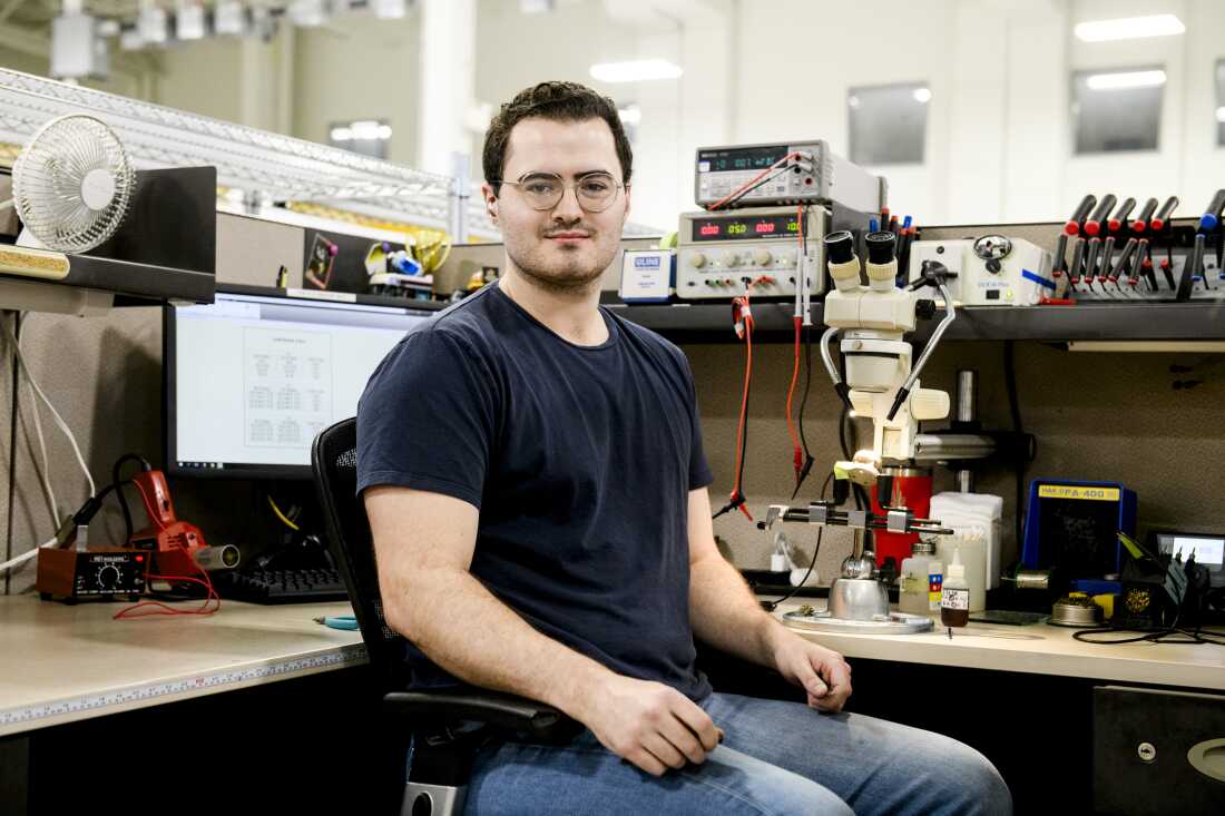 Chris Bradbury works as an instrumentation technician apprentice at a Humanetics production facility in Farmington Hills.