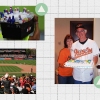 A collage of photos including Baltimore Orioles fans cheering at Camden Yards, a beverage vendor carrying a bucket of beers on his shoulder and a portrait of Bob Hinz and his wife wearing Orioles shirts holding a birthday cake.
