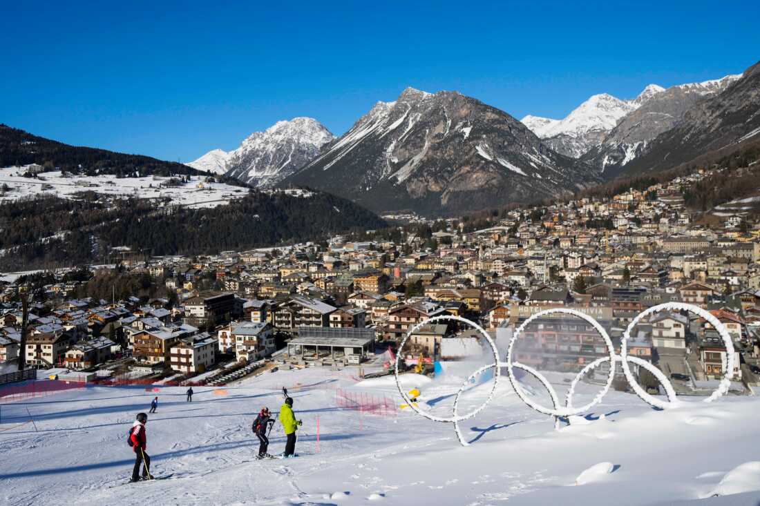 Olympic rings are seen in Jan. 2025 near a slope of the Stelvio Ski Center in Bormio, Italy.