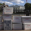 During an anti-Trump protest outside the White House in Washington, D.C., on Sept. 2, 2025, demonstrators set up file boxes to represent the Epstein files. Some boxes are labeled "release the files" or "classified Epstein files."