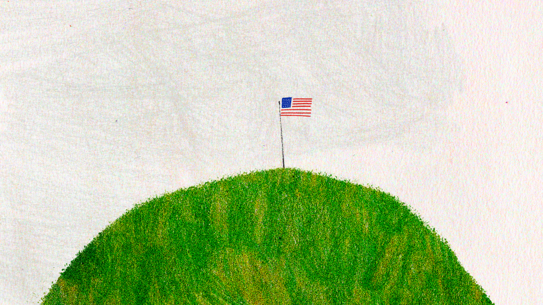 An illustration of an American flag on a flagpole on top of a hill.