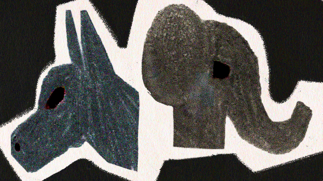 An illustration of a donkey and an elephant facing opposite directions.