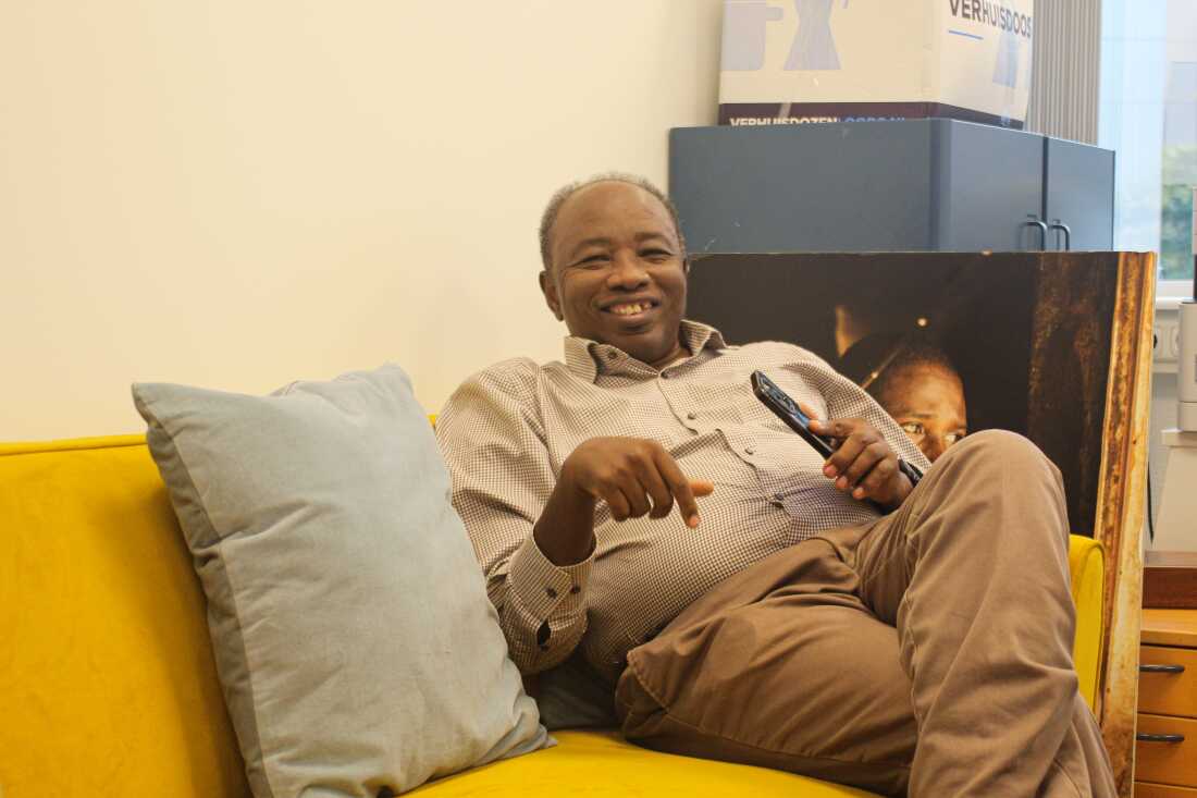 Kamal Elsadig, editor-in-chief of Radio Dabanga, sits in his office in Amsterdam on Oct. 16.