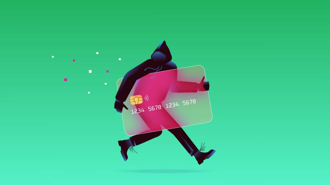 An illustration of a faceless thief wearing dark clothing and a hoodie, and holding a semi-transparent, larger-than-life credit card. You can see the outline of the thief's body in red through the credit card as they run across a green background, illustrating the concept of scammers taking advantage of the holidays. 