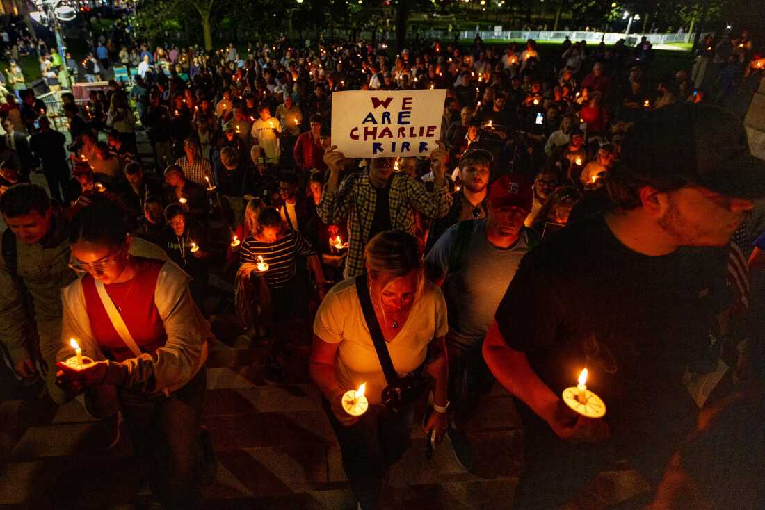 Vigil attendees begin walking up the stairs of the Boston Common to gather in front of the Massachusetts State House during the Prayer Vigil for Charlie Kirk on September 18, 2025.