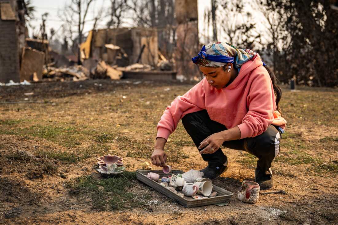 Resident Taylor Williams, 17, goes through pieces of her teacup collection from the home she shared with her family after it was destroyed in the Eaton Fire in Altadena, Calif. on January 9, 2025.