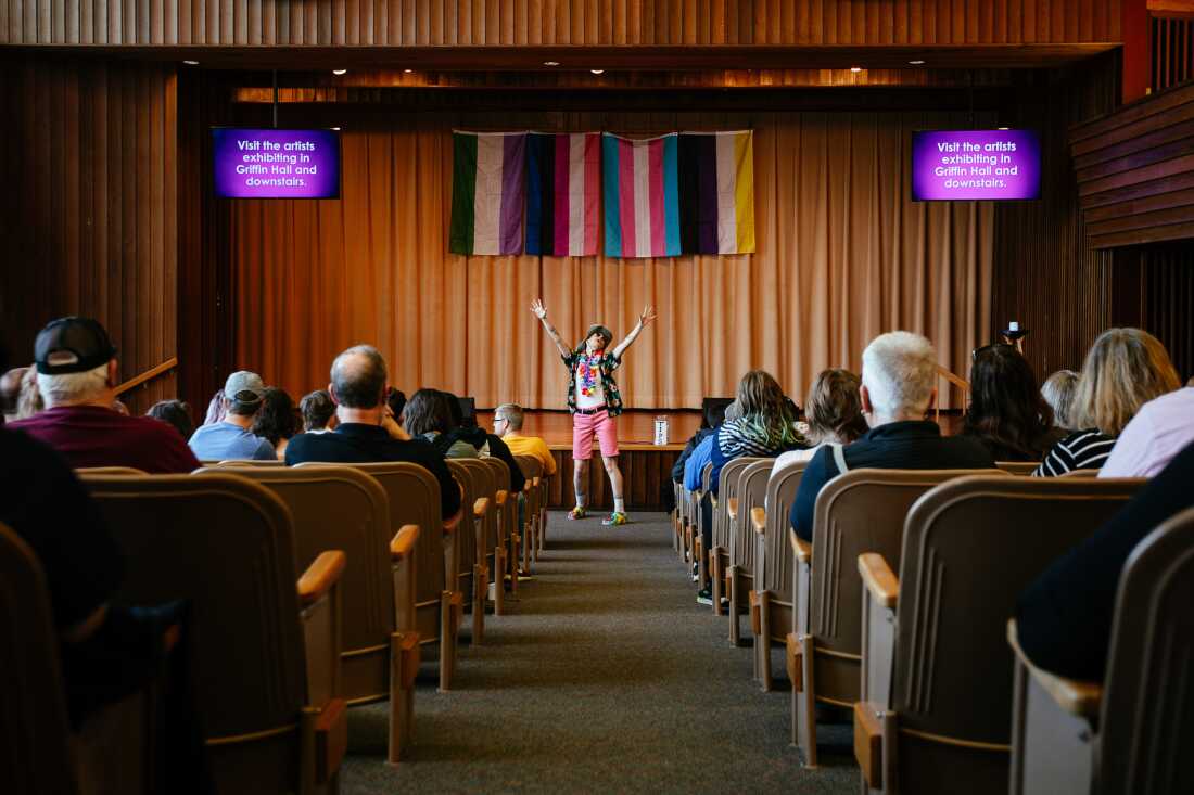 Drag artist Dixon gives an all-ages performance at the First Unitarian Church's fifth annual Trans Lives Festival on March 29, 2025 in Des Moines, Iowa.