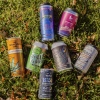 A variety of colorful cans of THC drinks are arranged on a grass. Some flavors include The Tenacious Seed's Blood Orange beverage, Silly Goose's root beer THC-infused soda and Mountain High Seltzer's Berry Wild. 