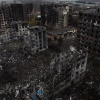 An aerial view of destroyed buildings in the frontline town of Kostyantynivka, Donetsk region