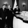 President John F. Kennedy, left, looks at a model of the Kennedy Center in Washington, DC., 1963.