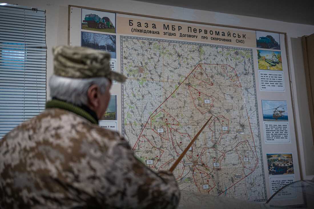 Hennadii Fil, former deputy Commander of the 309th Missile Regiment, shows the locations of the launch sites of the 309th Missile Regiment at the Museum of the Strategic Missile Forces in Mykolaiv region.