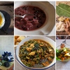 Top row from left: pirão de galina from Brazil, North America, a berry soup from the Salish tribe in North America; an herbal soup popular in the Tamil community in Singapore. Bottown row: a Botswana soup is prepared with a leafy green called Morogo; a Nigerian waterleaf soup; and a soup from Madagascar made with Zebu organs.