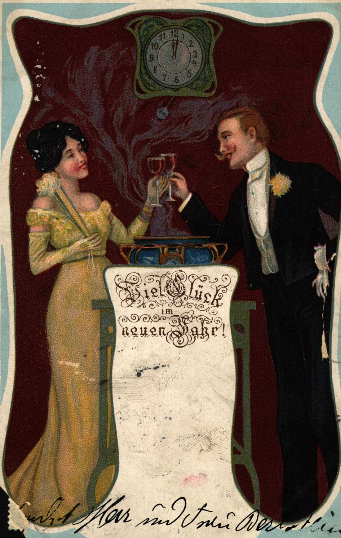 A couple toasts to New Year's as the clock strikes midnight on this German postcard from 1904.