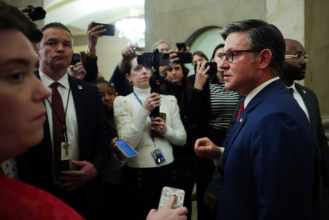 Speaker of the House Mike Johnson, R-La., speaks to members of the media as he leaves the House Chamber at the U.S. Capitol on Dec. 17, 2025.