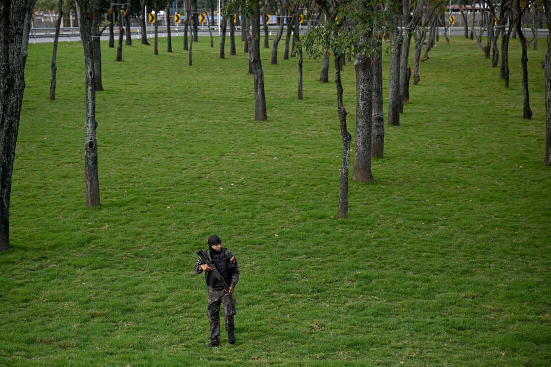 A member the National Guard stands guard at an entrance to Fuerte Tiuna, Venezuela's largest military complex, in Caracas. 