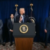 President Donald Trump, alongside (L/R) Deputy Chief of Staff Stephen Miller, Secretary of State Marco Rubio and Secretary of Defense Pete Hegseth, speaks to the media following US military actions in Venezuela, at his Mar-a-Lago residence in Palm Beach, Florida, on Jan. 3.