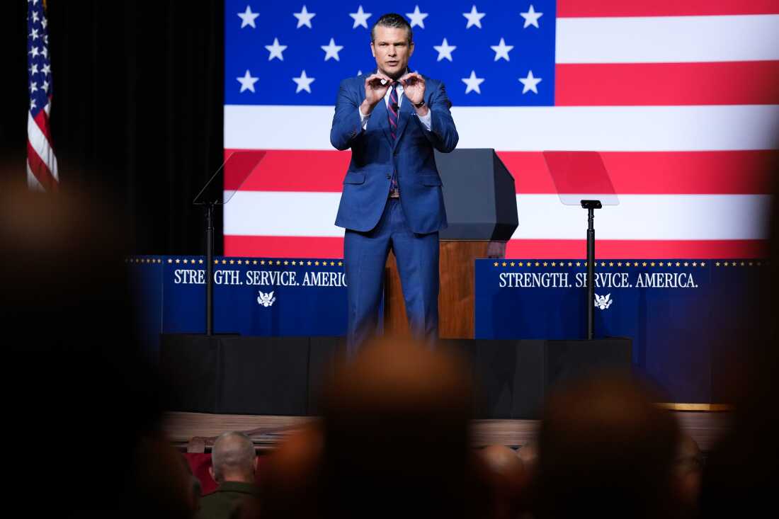 Pete Hegseth speaks to senior military leaders at Marine Corps Base Quantico on Sept. 30, 2025 in Quantico, Va. In his remarks, Hegseth told admirals and generals that women must meet the “highest male standard.”