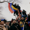 Anti-Maduro demonstrators fly Venezuelan flags outside the federal courthouse in Lower Manhattan, New York, on Monday, January 5.