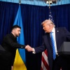 President Trump and Ukrainian President Volodymyr Zelenskyy shake hands at the start of a joint news conference following a meeting at Trump's Mar-a-Lago club, in Palm Beach, Fla., Sunday. (AP Photo/Alex Brandon)