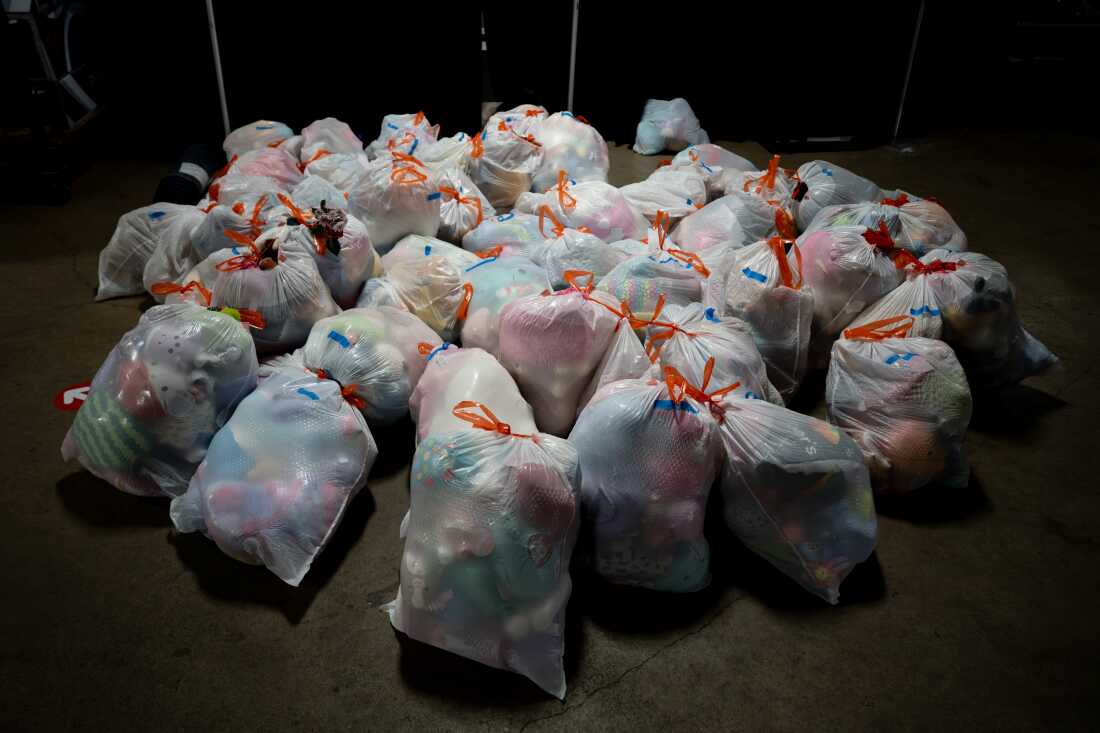 Several pounds of stuffed animals collected from figure skating fans are packed ready to be donated to local charities after the 2026 U.S. Figure Skating Championships on Saturday, Jan. 10, 2026, at the Enterprise Center in St. Louis’ Downtown West neighborhood.