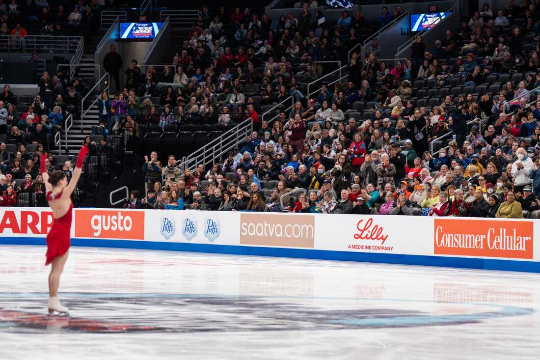 Isabeau Levito, of SC of Southern New Jersey, waves to thousands after performing in the women’s short program during the 2026 U.S. Figure Skating Championships at the Enterprise Center on Wednesday, Jan. 7, 2026, in St. Louis’ Downtown West neighborhood.