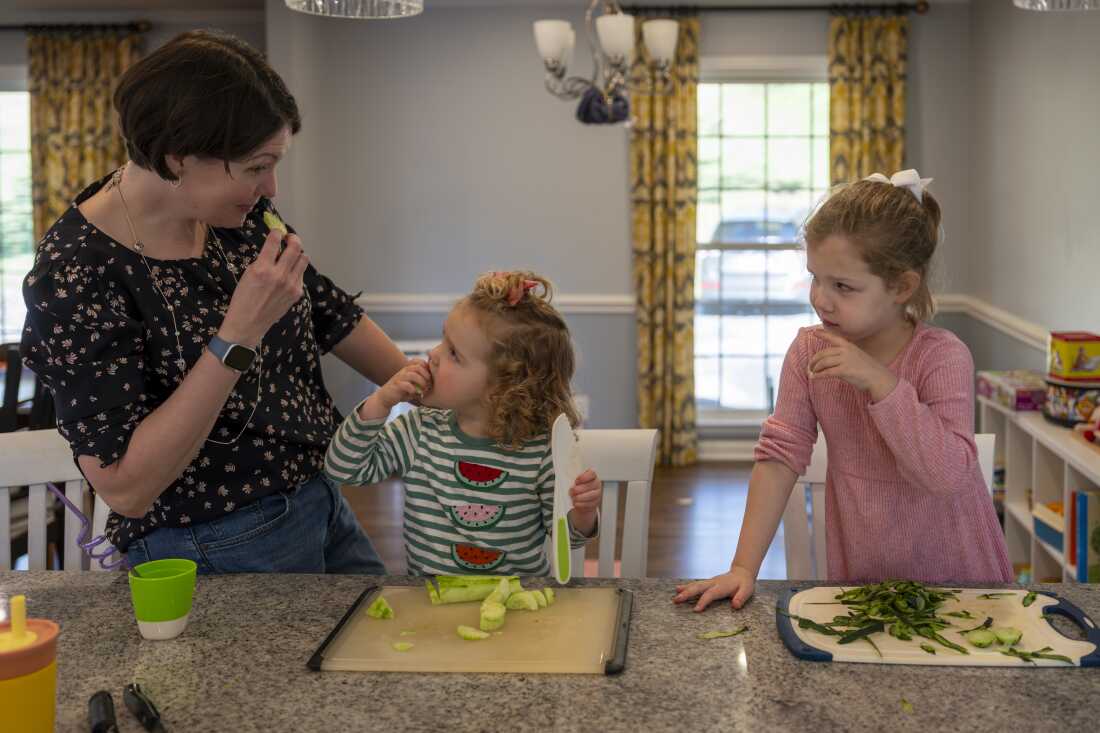 Terry actively tries to find ways to engage her kids. Sometimes she buys a “decoy cucumber” so when she’s prepping dinner, 4-year-old Eleanor can peel it and feel helpful. Terry says, “It’s a great use of 75 cents for an extra cucumber.”