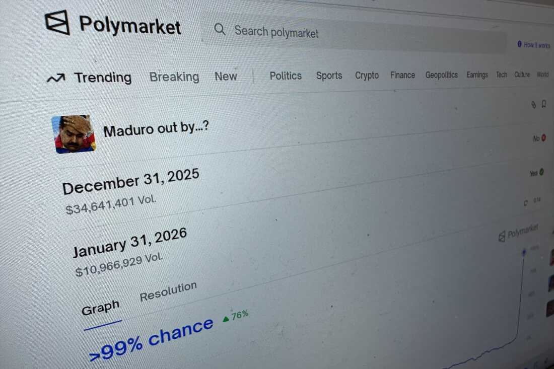 The Polymarket prediction market website is seen on a computer screen on Sunday. The screen says "Maduro out by?" with Dec. 31, 2025 at over $34 million and Jan. 31, 2026 over $10 million.