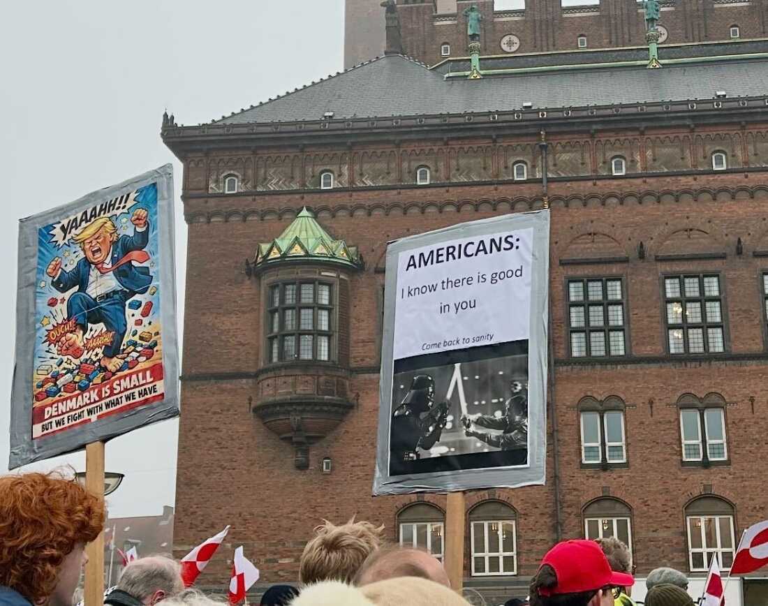 Peter Dam attended the protest alongside his son Gorm. They each carried signs: one with a cartoon of Trump stepping on leggos with a caption that read: “Denmark is small, but we fight with what we have”; and another with an image of Darth Vader and Luke Skywalker from Star Wars that read: “Americans: I know there is good in you. Come back to sanity.”