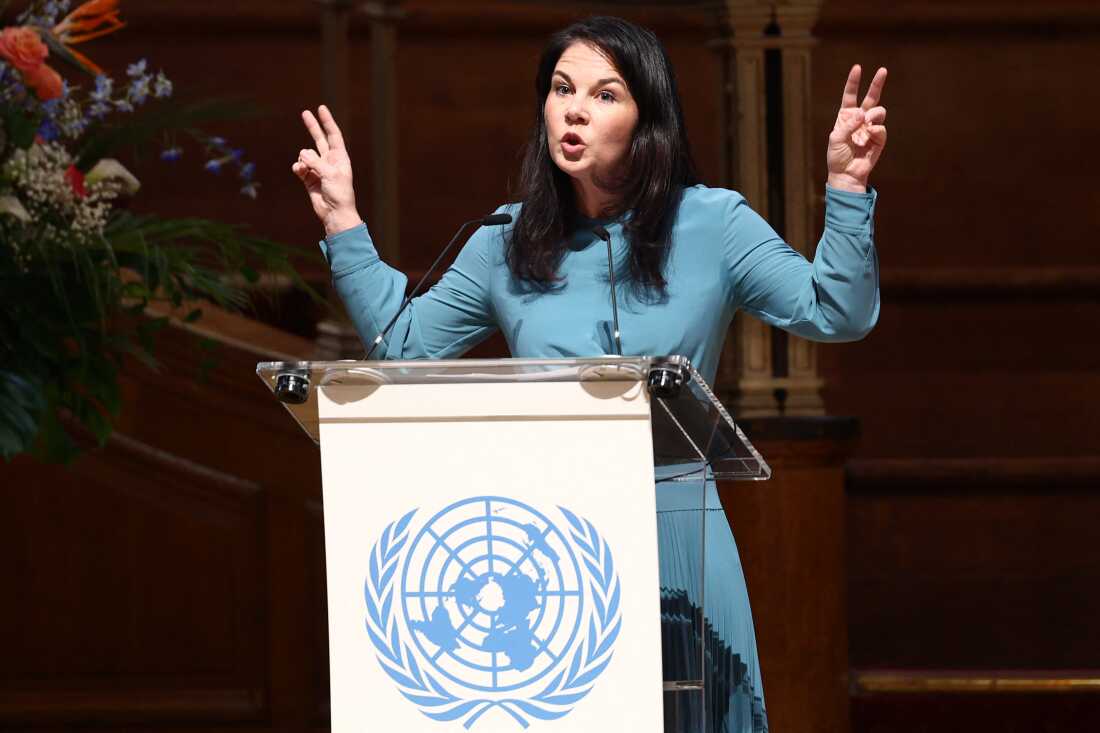 The President of the General Assembly, Annalena Baerbock speaks at the UNA-UK conference to mark the 80th anniversary of the founding of the UN, at Methodist Central Hall, the site of the inaugural UN General Assembly, in London on January 17, 2026. in central London on January 16, 2026.