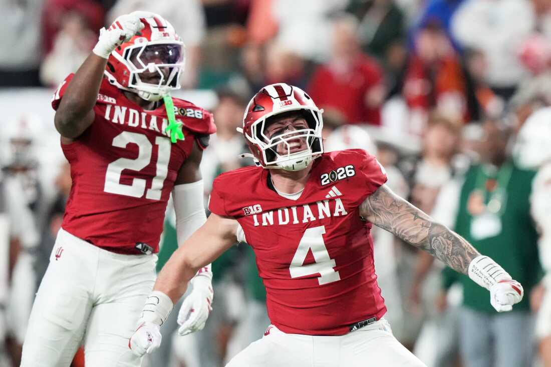 Indiana linebacker Aiden Fisher celebrates after sacking Miami quarterback Carson Beck during the first half of the College Football Playoff national championship game, Monday, Jan. 19, 2026, in Miami Gardens, Fla.
